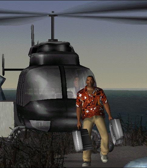 Lance in de helikopter, en Victor op de voorgrond