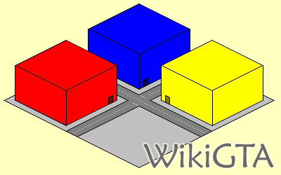 Een schematische weergave van drie gebouwen met interieur.